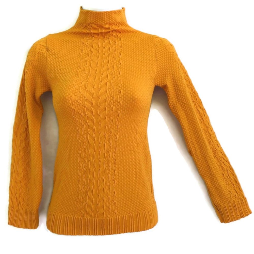 Vintage F & F Sweater Knit Mustard Gold Turtleneck Mock Neck Long Sleeve Stretch